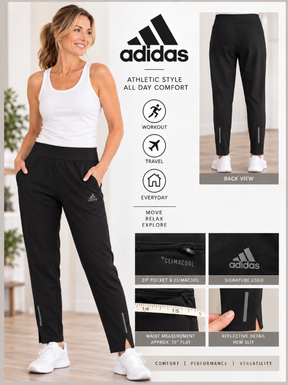 ADIDAS CLIMACOOL BLACK ATHLETIC PANTS Size: M
